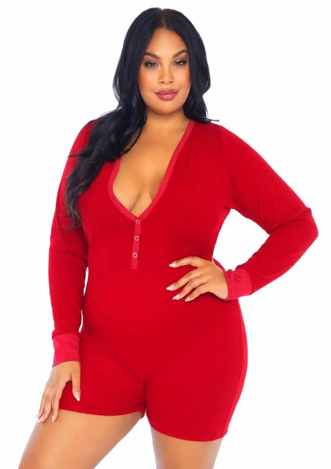 Leg Avenue Brushed Rib Romper Long Johns with Cheeky Snap Closure Back Flap | Leg Avenue Female Sex Toys