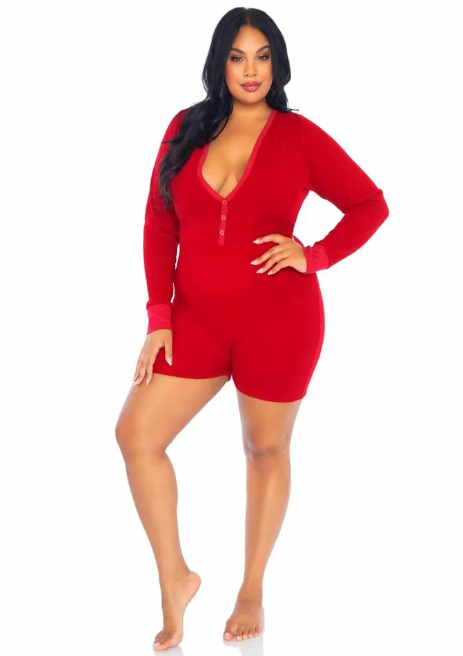 Leg Avenue Brushed Rib Romper Long Johns with Cheeky Snap Closure Back Flap | Leg Avenue Female Sex Toys