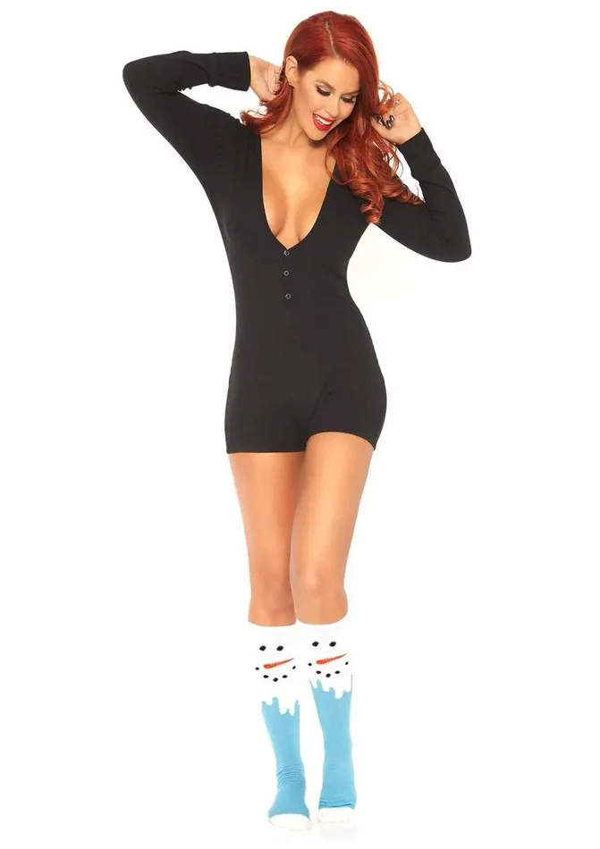 Leg Avenue Brushed Rib Romper Long Johns with Cheeky Snap Closure Back Flap | Leg Avenue Female Sex Toys