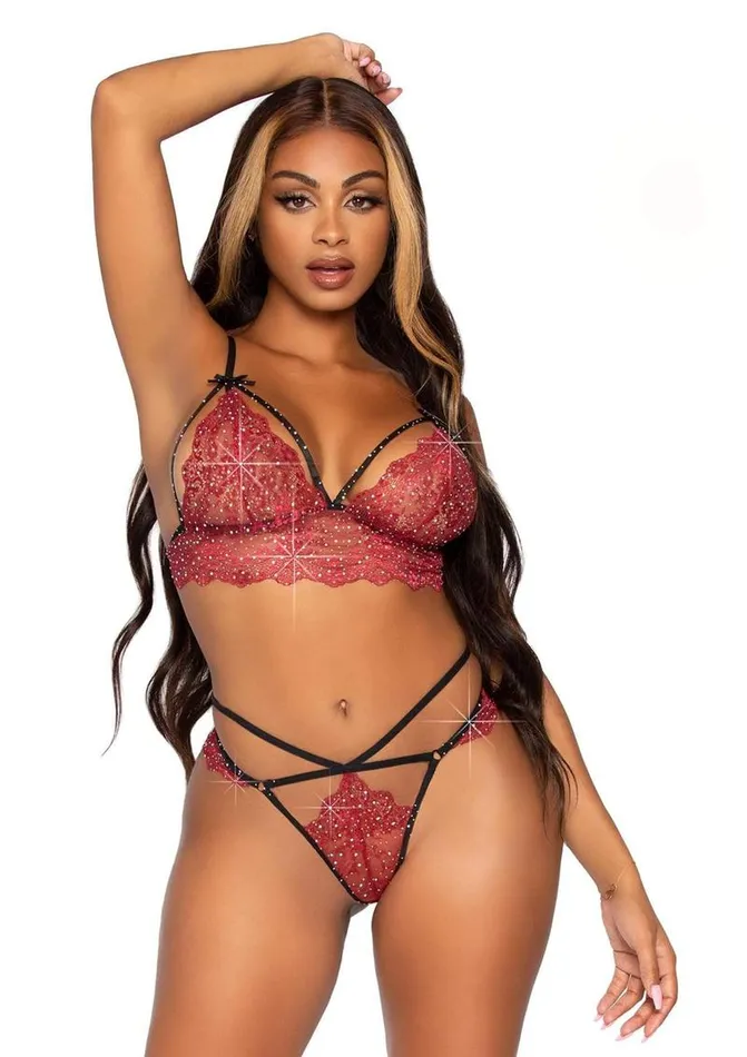 Male Sex Toys Leg Avenue Leg Avenue Scalloped Lace Rhinestone Strappy Bralette with Adjustable Straps HookNEye Back and Matching CutOut Strappy GString