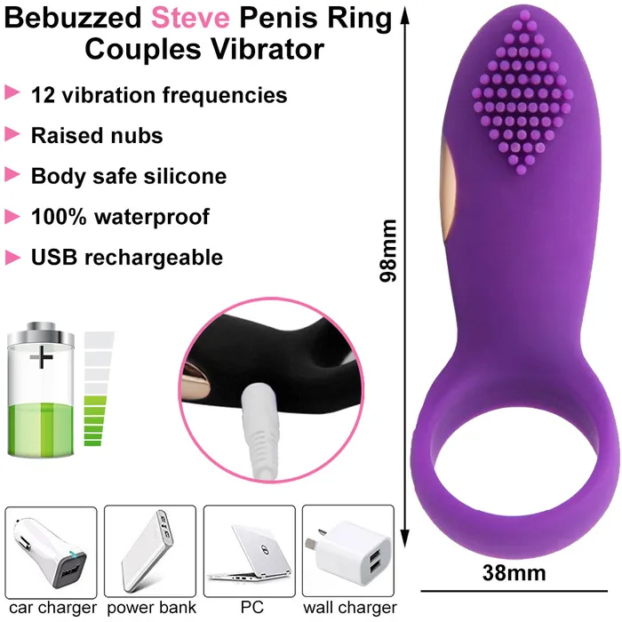 BeBuZZed Bebuzzed Steve Vibrating Cock Ring USB Couples Penis Ring Purple Couples