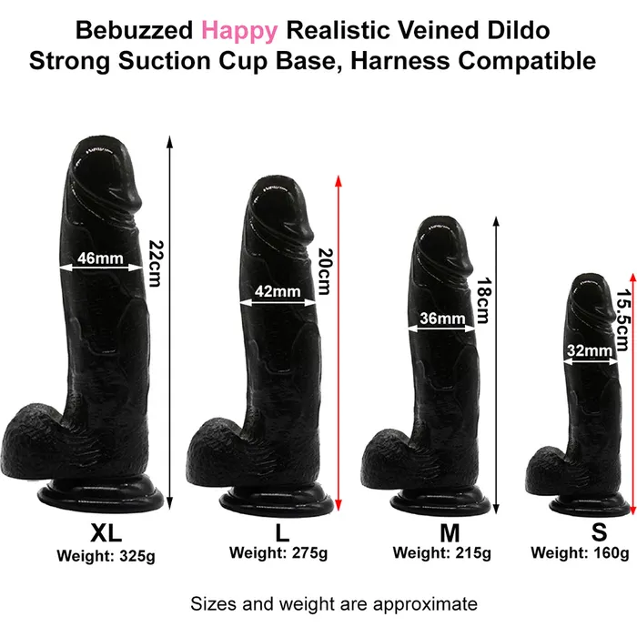 BeBuZZed Female Sex Toys Bebuzzed Happy 6 Realistic Dildo Veined Balls Suction Cup Black