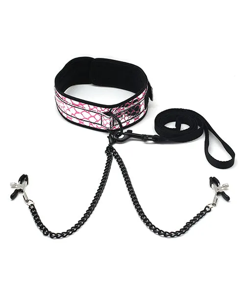 Faux Leather Collar Leash Nipple Clamps Pink Spartacus Couples