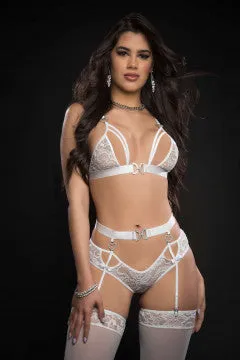 Female Sex Toys 3pc Lace Lingerie Set With Strappy Bra Cut Out Garter Cheeky Panty and Stockings One Size White Nice and nasty Bz