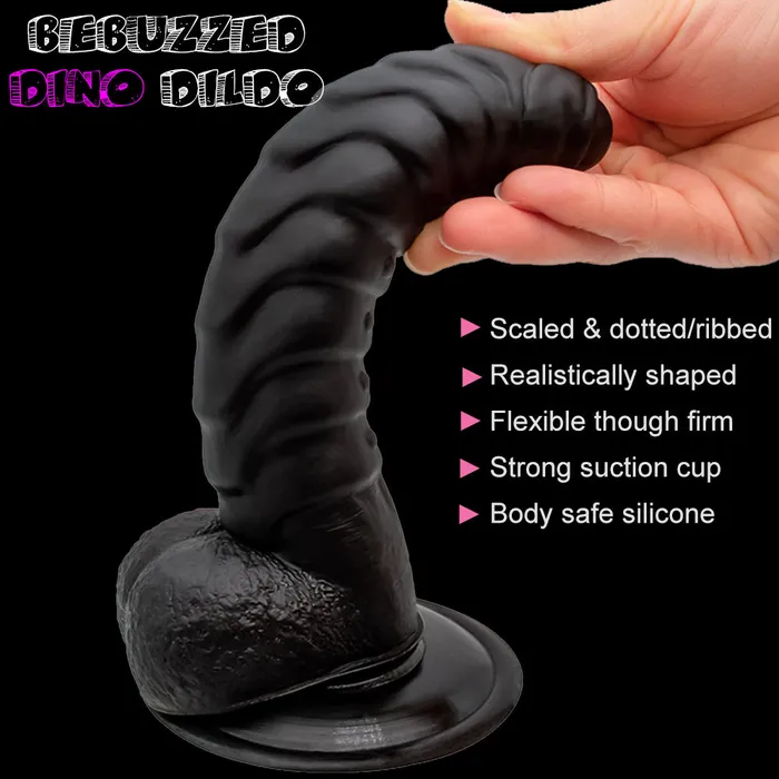 Female Sex Toys BeBuZZed Bebuzzed Dino Ribbed Dildo with Balls Suction Cup Base Black