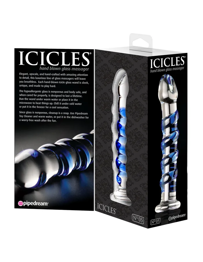 Icicles No 5 Hand Blown Glass Massager w Blue Swirls Pipedream Dildos