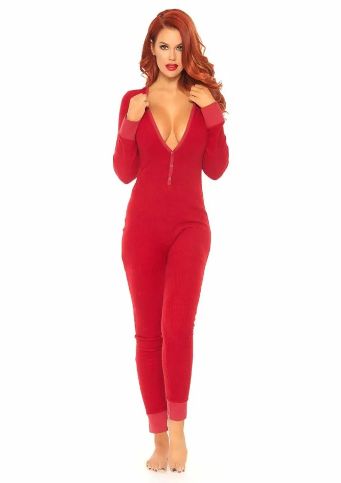 Leg Avenue Female Sex Toys Leg Avenue Cozy Brushed Rib Long Johns with Cheeky Snap Closure Back Flap