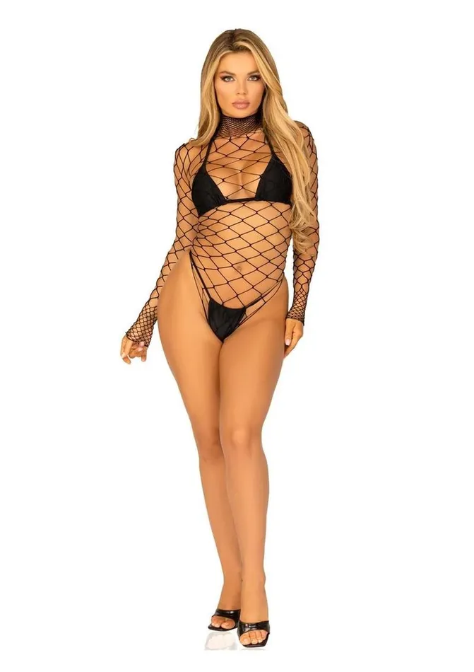 Leg Avenue Female Sex Toys Leg Avenue High Neck Fence Net Long Sleeved Bodysuit with Snap Crotch Thong Panty