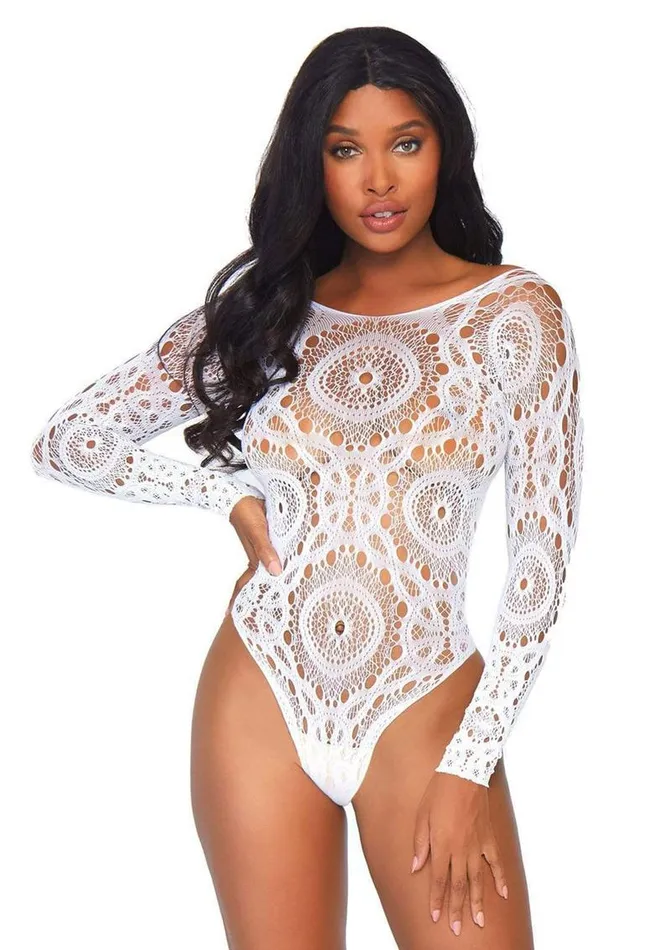 Leg Avenue Leg Avenue Crochet Lace Long Sleeved Snap Crotch Thong Back Bodysuit Teddies And Bodies