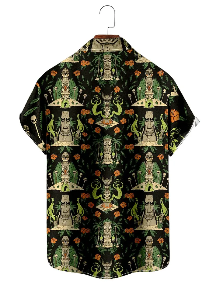 mysite Male Sex Toys Retro Tiki Skull Print Short Sleeve Shirt Casual Hawaiian Aloha Shirt