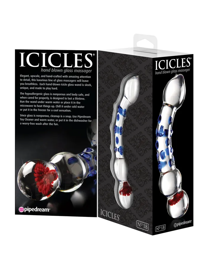 Pipedream Dildos Icicles No 18 Hand Blown Glass Massager w Blue Knobs