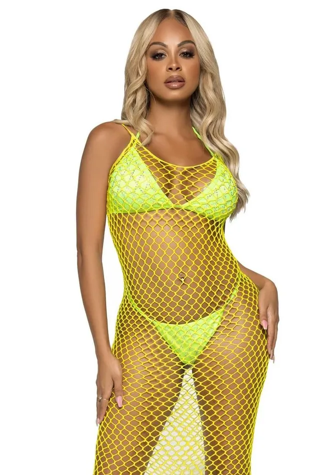 Teddies And Bodies Leg Avenue Leg Avenue Woven Twist Net Backless Maxi Dress One Size Lemon